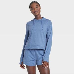 NWT All in Motion Medium Blue Soft Stretch Hooded Sweatshirt Top Thumbhole Cuffs